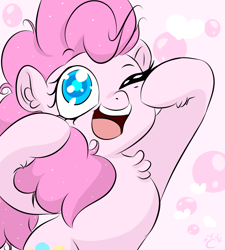 Size: 900x1000 | Tagged: safe, artist:cozmicpandawolf, artist:themutemusicbox, pinkie pie, earth pony, pony, bubble, chest fluff, colored pupils, cute, diapinkes, ear fluff, female, heart, leg fluff, mare, one eye closed, open mouth, pink background, simple background, smiling, solo, wink