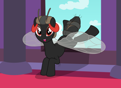 Size: 3108x2268 | Tagged: safe, artist:badumsquish, derpibooru exclusive, oc, oc only, oc:tabatha, bug pony, monster pony, original species, series:equestria and the world, antennae, carpet, cloud, eyeshadow, fly pony, flying, grin, happy, insect wings, landing, looking at you, makeup, monster mare, palace, queen, red eyes, show accurate, sky, smiling, window, wings