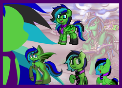 Size: 1195x864 | Tagged: safe, artist:torpy-ponius, oc, oc:torpy, bat pony, pony, bat pony oc, bat wings, blue hair, bracelet, compilation, ear, eye, eyes, face, green pony, hair, jewelry, legs, mane, metal, nose, pony town, reference, reference sheet, skateboard, tail, wings