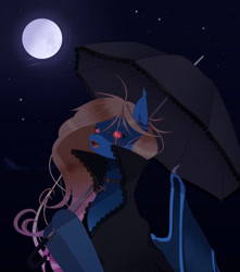 Size: 1192x1346 | Tagged: safe, artist:clefficia, oc, oc only, oc:scootalight heart, bat pony, pony, bat pony oc, full moon, halloween, holiday, hoof hold, moon, night, open mouth, stars, umbrella, ych result