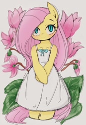 Size: 708x1024 | Tagged: safe, artist:manachaaaaaaaa, fluttershy, pegasus, pony, semi-anthro, blushing, clothes, cute, dress, female, flower, head tilt, looking at you, mare, partial background, shyabetes, smiling, solo, white dress