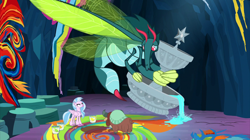 Size: 2100x1178 | Tagged: safe, screencap, ocellus, silverstream, yona, classical hippogriff, hippogriff, yak, uprooted, bucket, carrying, cave, cave of harmony, changeling mega evolution, disguise, disguised changeling, female, flying, fountain, mural, paint, paint bucket, stinger, trio, water