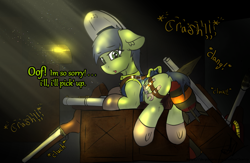 Size: 1847x1205 | Tagged: safe, artist:scarrly, oc, oc:scotch tape, earth pony, pony, fallout equestria, fallout equestria: project horizons, belt, dialogue, double barreled shotgun, fallout, fanfic art, flame thrower, flamer, grenade launcher, gun, mini nuke, rpg, smol, solo, utility belt, weapon, welding mask