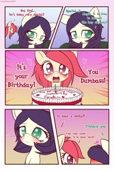 Size: 1600x2400 | Tagged: safe, artist:an-m, oc, oc only, oc:genoveva, oc:mayni, birthday, blushing, cake, comic, dialogue, food