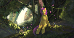 Size: 5114x2646 | Tagged: safe, artist:aidelank, fluttershy, butterfly, pegasus, pony, semi-anthro, bush, female, flower, forest, grass, log, mare, moss, scenery, sitting, tree, vine
