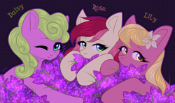 Size: 3200x1893 | Tagged: safe, artist:avrameow, daisy, flower wishes, lily, lily valley, roseluck, earth pony, pony, adaisable, cute, cuteluck, female, flower, flower in hair, flower trio, lilybetes, looking at you, mare, one eye closed, trio, wink