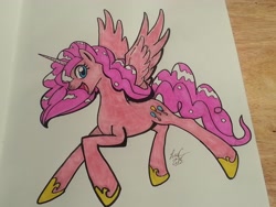 Size: 3264x2448 | Tagged: safe, artist:lucas_gaxiola, pinkie pie, alicorn, pony, spoiler:comic, spoiler:comic57, alicornified, female, hoof shoes, irl, mare, photo, pinkiecorn, race swap, signature, smiling, solo, traditional art, xk-class end-of-the-world scenario