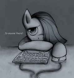 Size: 1216x1280 | Tagged: safe, artist:lonelycross, marble pie, pony, ask lonely inky, computer mouse, keyboard, lonely, lonely inky, question, solo