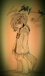 Size: 430x720 | Tagged: safe, artist:zombie-witch, marble pie, pony, bipedal, choker, clothes, lonely inky, solo, traditional art