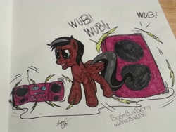 Size: 3264x2448 | Tagged: safe, artist:lucas_gaxiola, oc, oc only, oc:boombox, pegasus, pony, irl, loudspeaker, male, open mouth, pegasus oc, photo, radio, solo, stallion, traditional art, wings, wub