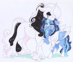 Size: 3517x2963 | Tagged: safe, artist:frozensoulpony, oc, oc only, oc:azure, oc:rose, pegasus, pony, unicorn, female, mare, traditional art, unshorn fetlocks