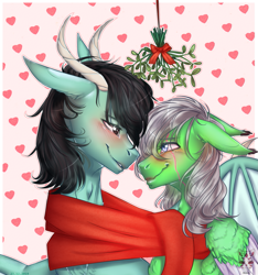 Size: 1321x1412 | Tagged: safe, artist:lastaimin, oc, oc only, oc:slix jinx, oc:winter, demon, demon pony, original species, pegasus, pony, blushing, christmas, clothes, female, floppy ears, holiday, mare, mistletoe, scarf, shared clothing, shared scarf