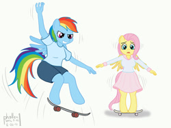 Size: 1200x898 | Tagged: safe, artist:phallen1, derpibooru import, fluttershy, rainbow dash, anthro, unguligrade anthro, atg 2019, clothes, female, jumping, newbie artist training grounds, shirt, shorts, skateboard, skirt, t-shirt