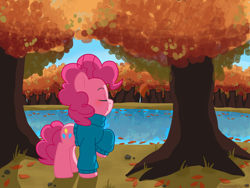 Size: 1400x1050 | Tagged: safe, artist:otakunekojosei, pinkie pie, earth pony, pony, autumn, clothes, cute, diapinkes, eyes closed, female, forest, lake, leaves, mare, nature, outdoors, pond, profile, raised hoof, river, smiling, solo, sweater, tree, turtleneck, water