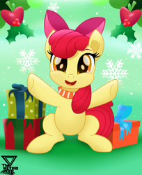 Size: 2400x2945 | Tagged: safe, artist:theretroart88, apple bloom, earth pony, pony, adorabloom, christmas, clothes, cute, female, filly, high res, holiday, holly, looking at you, open mouth, present, scarf, snow, snowflake, solo, theretroart88 is trying to murder us, weapons-grade cute