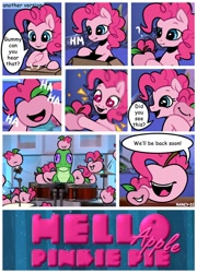 Size: 758x1054 | Tagged: safe, artist:nancy-05, derpibooru import, idw, gummy, pinkie pie, pony, hello pinkie pie, spoiler:comic, spoiler:comic32, apple, apple pinkie, comic, food, heart eyes, multeity, species swap, wingding eyes