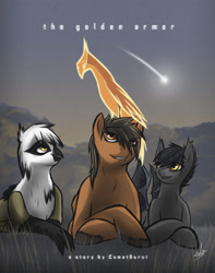 Size: 1024x1297 | Tagged: safe, artist:slawomiro, oc, bat pony, earth pony, griffon, phoenix, pony, fanfic:the golden armor, fanfic art, shooting star