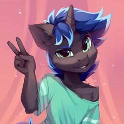 Size: 658x658 | Tagged: safe, artist:lispp, oc, oc:lock down, anthro, unicorn, clothes, cute, fluffy, looking at you, male, peace sign, smiling, solo
