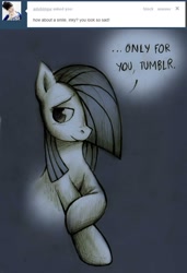 Size: 878x1280 | Tagged: safe, artist:lonelycross, marble pie, pony, ask lonely inky, lonely inky, shy, smiling, solo, talking, tumblr