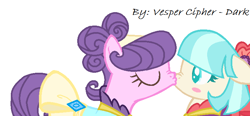 Size: 764x354 | Tagged: safe, artist:vesper-cipher-dark, coco pommel, suri polomare, earth pony, pony, blushing, clothes, cocopolo, dress, eyes closed, female, kissing, lesbian, mare, scrunchy face, shipping, simple background, surprised, white background
