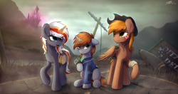 Size: 3864x2040 | Tagged: safe, artist:av-4, artist:avastin4, oc, oc only, oc:calamity, oc:littlepip, oc:velvet remedy, pegasus, pony, unicorn, fallout equestria, bandage, bandaid, canterlot, canterlot castle, chest fluff, clothes, cowboy hat, dashite, eye clipping through hair, fanfic, fanfic art, female, floppy ears, fluttershy medical saddlebag, glowing horn, hat, hooves, horn, looking at you, magic, male, mare, medical saddlebag, open mouth, patch, pink cloud (fo:e), pipbuck, power line, raised hoof, road, saddle bag, sitting, smiling, stallion, telekinesis, vault suit, wasteland, wings