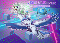 Size: 1901x1366 | Tagged: safe, artist:jesterpi, oc, oc only, oc:jester pi, oc:silver, oc:silver hoof, alicorn, pegasus, action, alicorn oc, code, computer, computer monitor, cute, flying, keyboard, laser, piercing, size difference, smiling, text, video game, wings