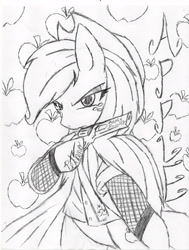 Size: 2550x3377 | Tagged: safe, artist:petanoprime, applejack, earth pony, pony, semi-anthro, apple, clothes, female, food, freckles, gun, hat, hoof hold, lineart, monochrome, signature, text, traditional art, tree, weapon