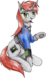 Size: 1514x2562 | Tagged: safe, artist:40kponyguy, derpibooru exclusive, edit, editor:ciaran, oc, oc only, oc:littlepip, pony, unicorn, fallout equestria, 2020 community collab, clothes, derpibooru community collaboration, ear fluff, fanfic, fanfic art, female, grin, hooves, horn, looking at you, mare, pipbuck, raised hoof, simple background, sitting, smiling, solo, traditional art, transparent background, underhoof, vault suit