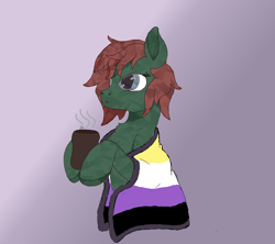 Size: 1800x1600 | Tagged: safe, artist:inanimatelotus, oc, oc:herbal remedy, crystal pony, earth pony, pony, blanket, coffee, coffee cup, cup, drinking, gradient background, hooves, nonbinary, nonbinary pride flag, solo