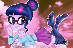 Size: 2048x1365 | Tagged: safe, artist:artmlpk, sci-twi, twilight sparkle, equestria girls, bare shoulders, blushing, boots, clothes, crossed legs, cute, design, female, glasses, hair bun, hands on face, high heel boots, looking back, pleated skirt, prone, shoes, skirt, solo, thigh boots, twiabetes