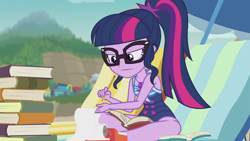 Size: 1920x1080 | Tagged: safe, screencap, sci-twi, twilight sparkle, better together, equestria girls, friendship math, adding machine, beach chair, book, clothes, cute, female, geode of telekinesis, glasses, legs, magical geodes, paper, pencil, ponytail, sleeveless, solo, swimsuit, thighs, twiabetes, umbrella