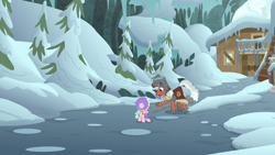 Size: 1920x1080 | Tagged: safe, screencap, cozy glow, earth pony, pegasus, pony, frenemies (episode), bucket, clothes, duo, female, filly, foal, hat, helmet, male, pine tree, rusty bucket, snow, stallion, tree, winter outfit