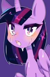 Size: 837x1280 | Tagged: safe, artist:friskyfrisks, twilight sparkle, twilight sparkle (alicorn), alicorn, blushing, bust, cute, looking at you, open mouth, portrait, purple background, simple background, solo, sweat, twiabetes