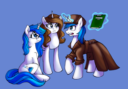 Size: 2874x2005 | Tagged: safe, artist:mati0la, oc, oc only, oc:brainstorm, oc:mind, oc:white storm, pony, unicorn, blue background, brother and sister, clothes, coat, detective, female, glasses, hat, magic, male, mother and child, mother and son, notebook, parent and child, siblings, simple background