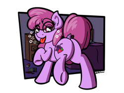 Size: 2732x2048 | Tagged: safe, artist:ashtoneer, berry punch, berryshine, earth pony, pony, bedroom, butt, dock, drunk, drunk bubbles, female, go home you're drunk, looking back, mare, plot, raised hoof, raised tail, solo, tail, tongue out