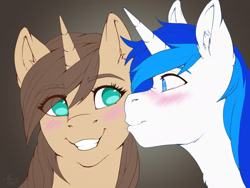 Size: 1814x1366 | Tagged: safe, artist:alexispaint, oc, oc:brainstorm, oc:plomotte paw, pony, unicorn, blushing, cute, female, kiss on the cheek, kissing, male