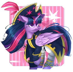 Size: 2777x2713 | Tagged: safe, artist:mediasmile666, twilight sparkle, twilight sparkle (alicorn), alicorn, pony, my little pony: the movie, abstract background, cheek fluff, clothes, eye clipping through hair, female, floppy ears, hat, mare, pirate, pirate hat, pirate outfit, raised hoof, sidemouth, smiling, solo, starry eyes, windswept mane, wingding eyes