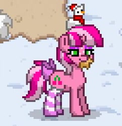 Size: 258x267 | Tagged: safe, oc, oc only, oc:cherry days, pony, unicorn, bow, christmas, clothes, eyeshadow, female, gingerbread (food), gingerbread pony, hat, holiday, horn, makeup, mare, mouth hold, pixel art, plushie, pony town, santa hat, smiling, snow, socks, solo, striped socks, tail bow, unicorn oc