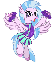 Size: 2800x3200 | Tagged: safe, artist:cheezedoodle96, silverstream, classical hippogriff, hippogriff, 2 4 6 greaaat, .svg available, arms spread out, cheering, cheerleader, cheerleader outfit, cheerleader silverstream, clothes, cute, diastreamies, female, flying, happy, looking at you, moe, open mouth, pleated skirt, pom pom, shirt, simple background, skirt, solo, spread wings, svg, transparent background, vector, wings