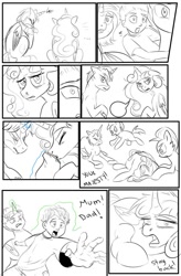 Size: 724x1103 | Tagged: safe, artist:candyclumsy, oc, oc:heartstrong flare, oc:king speedy hooves, oc:princess mythic majestic, oc:queen galaxia, oc:tommy the human, alicorn, human, comic:sick days, alicorn oc, aunt and nephew, bag, bags under eyes, canterlot, canterlot castle, child, clothes, comic, commissioner:bigonionbean, flashback, fusion, fusion:heartstrong flare, fusion:king speedy hooves, fusion:princess mythic majestic, fusion:queen galaxia, hat, holding back, horn, human oc, husband and wife, magic, passed out, random pony, riding, sad, servants, sick, sketch, sketch dump, swollen horn, thought bubble, uncle and nephew, vomiting, warning, writer:bigonionbean