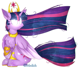 Size: 2653x2367 | Tagged: safe, artist:mediasmile666, twilight sparkle, twilight sparkle (alicorn), alicorn, pony, cheek fluff, chest fluff, choker, chromatic aberration, ear fluff, element of magic, female, frown, glowing eyes, horseshoes, jewelry, mare, raised hoof, redraw, regalia, sitting, solo, speedpaint available, stars, windswept mane