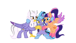 Size: 3840x2160 | Tagged: safe, artist:mjangelvortex, derpibooru exclusive, oc, oc only, oc:flare blitz, oc:gerbera, oc:nightwatch, bat pony, classical hippogriff, hippogriff, pegasus, pony, 2020 community collab, bangs, bat pony oc, colored wings, derpibooru community collaboration, digital art, fangs, female, folded wings, gift art, gradient hooves, gradient wings, group hug, hippogriff oc, hug, mare, missing cutie mark, no pupils, pegasus oc, ponytail, simple background, socks (coat marking), spread wings, transparent background, wings