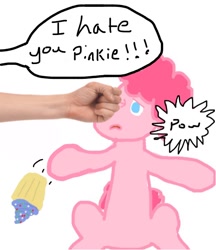 Size: 568x656 | Tagged: safe, derpibooru import, pinkie pie, human, 1000 hours in ms paint, abuse, background pony strikes again, female, mare, op is a cuck, op is trying to start shit, op is trying to start shit so badly that it's kinda funny, pinkiebuse, simple background, wat, white background
