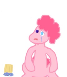 Size: 568x657 | Tagged: safe, derpibooru import, pinkie pie, earth pony, pony, abuse, background pony strikes again, black eye, crying, cupcake, food, op is a cuck, op is trying to start shit, pinkiebuse, simple background, wat, white background