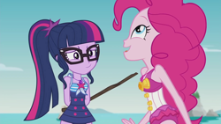 Size: 1920x1080 | Tagged: safe, screencap, pinkie pie, sci-twi, twilight sparkle, better together, equestria girls, friendship math, beach, beach babe, clothes, cute, diapinkes, duo, duo female, female, geode of sugar bombs, geode of telekinesis, glasses, happy, magical geodes, open mouth, sleeveless, smiling, smuglight sparkle, stick, swimsuit, twiabetes