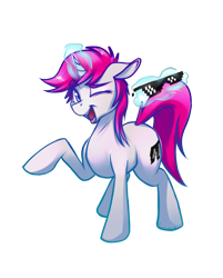 Size: 820x1021 | Tagged: safe, artist:fanch1, derpibooru exclusive, oc, oc only, oc:cheesy-shades, unicorn, 2020 community collab, cutie mark, derpibooru community collaboration, female, glasses, magic, meme, one eye closed, open mouth, raised hoof, simple background, solo, transparent background, wink