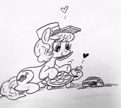 Size: 2960x2645 | Tagged: safe, artist:debmervin, oc, oc:turtle chaser, pony, turtle, black and white, cute, food, grayscale, hat, monochrome, petting