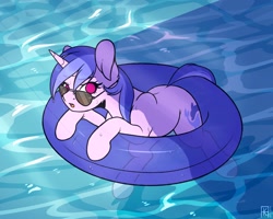 Size: 2048x1638 | Tagged: safe, artist:ak4neh, sea swirl, seafoam, pony, unicorn, background pony, female, floaty, inner tube, mare, solo, sunglasses, swimming, water, wet, ych result