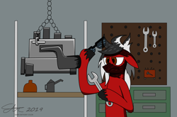 Size: 2560x1687 | Tagged: safe, artist:derpanater, oc, oc only, earth pony, pony, annoyed, engine, glasses, soot, tools