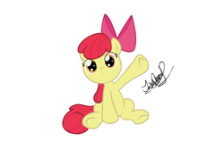 Size: 968x648 | Tagged: safe, artist:zeronitan, apple bloom, earth pony, pony, adorabloom, cute, female, filly, looking at you, signature, simple background, sitting, solo, white background